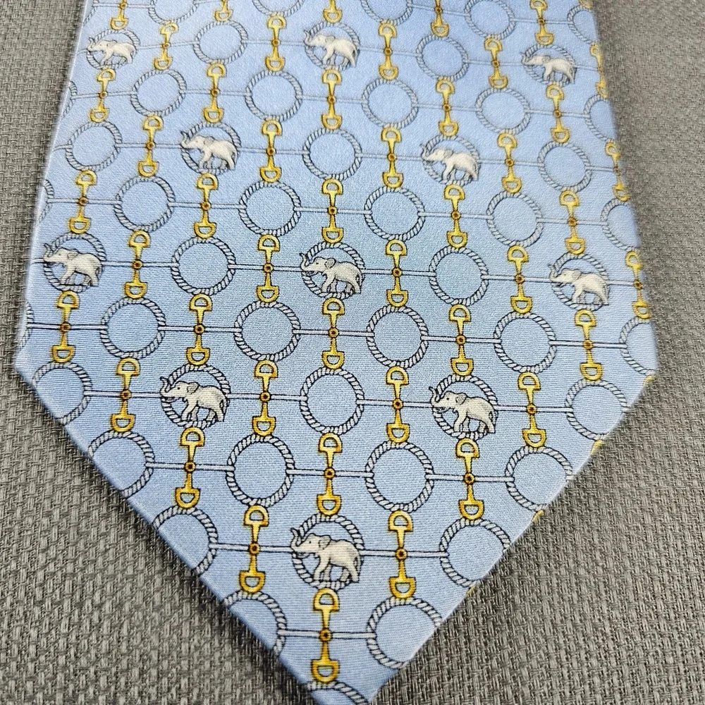 Como House Italy‎ Mens Silk Tie Light Blue Elephant Horsebit Unique Pattern